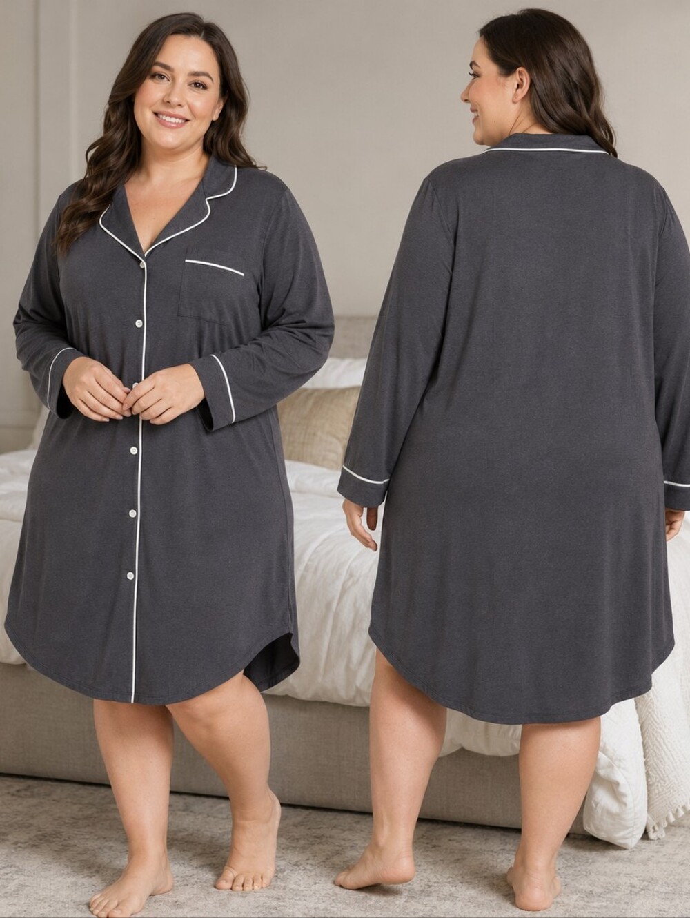 Cosabella Bella Sleepshirt 1X Anthracite Ivory Button Front Pajama Nightshirt Qu